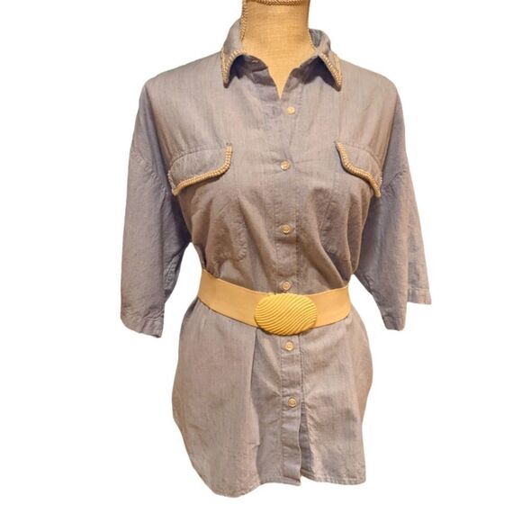 Vibest vintage blue chambray top with pearl details size 20 - Picture 1 of 8